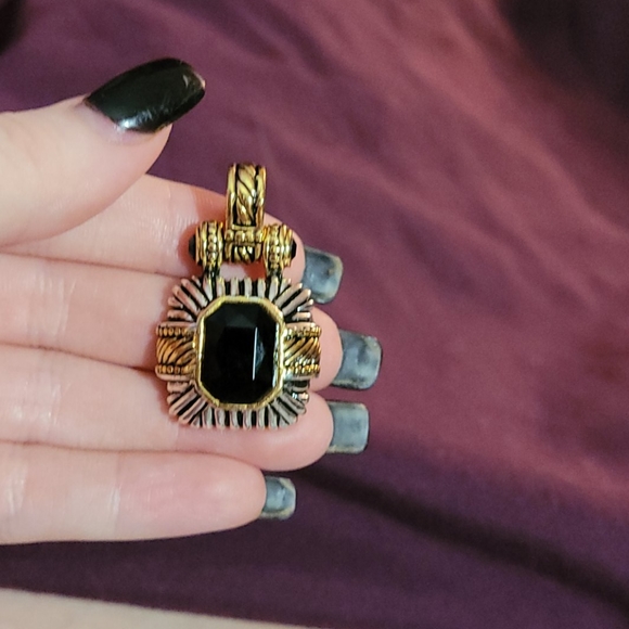 Silver & gold tone vintage pendant black stone - Picture 1 of 5